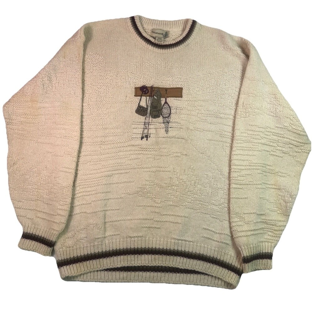 Vtg FieldMaster Beige Pullover Sweater with Embroidered Camping Gear Men’s Large